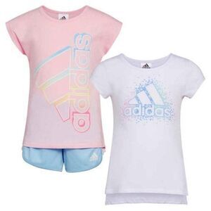 Adidas Girl's 3 Piece Set Logo T-Shirts and Shorts Pink Blue & White Size 6 NWT!